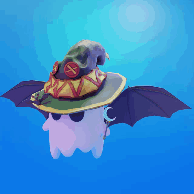 a cartoon ghost wearing a witch hat and a bat wing