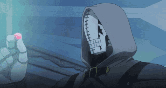 a cartoon character with a hood and a skeleton face