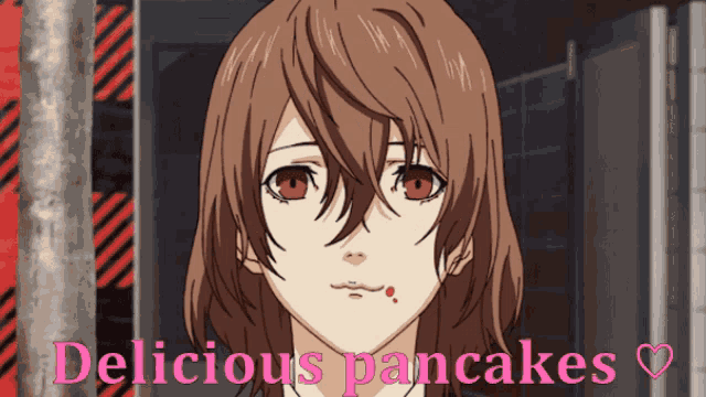 a picture of a girl and the words delicious pancakes