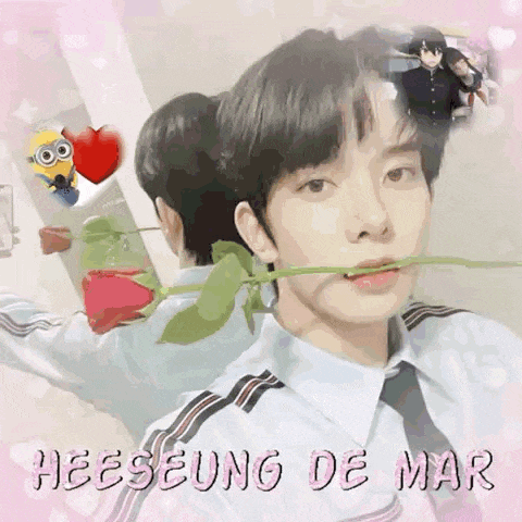 a picture of a boy with a rose in his mouth and the name heeseung de mar