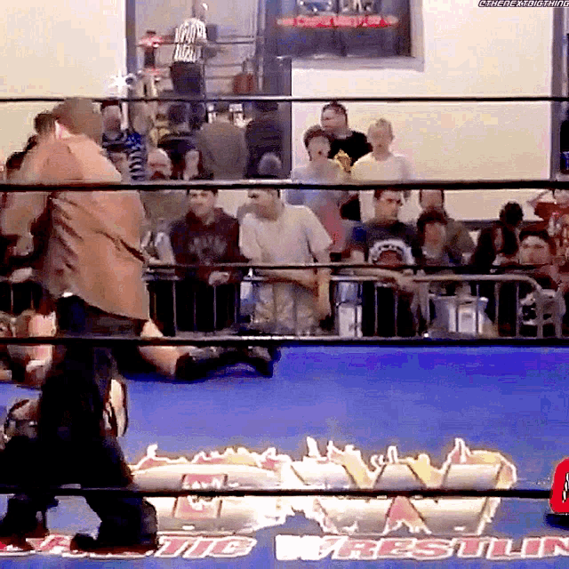 a wrestling ring with the word wrestling on the blue mat