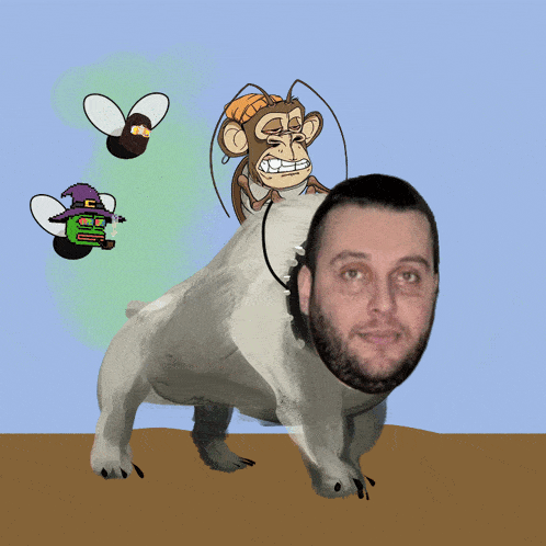a cartoon of a man riding a bear with a monkey on its back