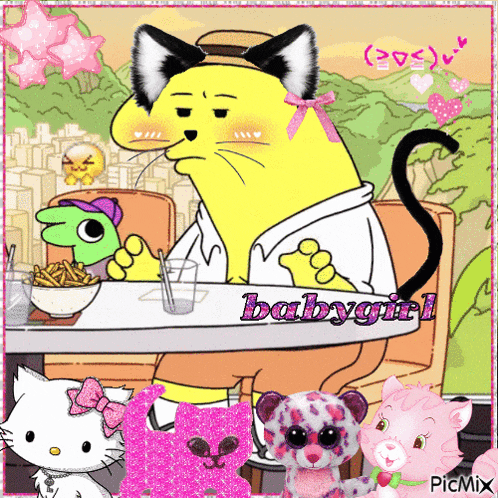 a cartoon of a yellow cat sitting at a table with the words babygirl written on it
