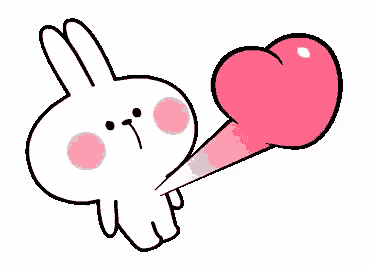 a cartoon bunny is blowing a pink heart out of its mouth .