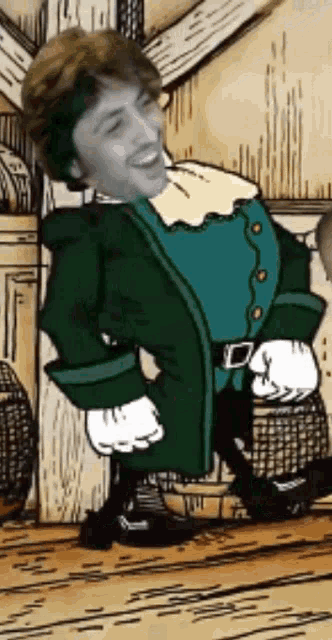a cartoon of a man in a green coat and gloves
