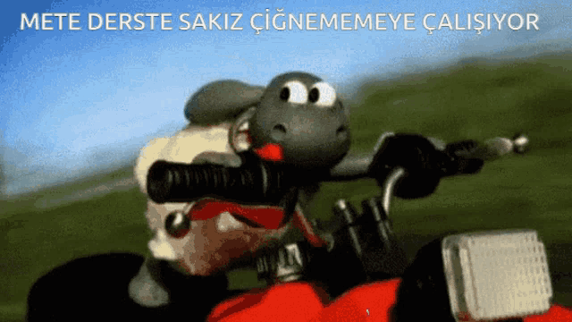 a cartoon of a sheep riding a motorcycle with the words mete derste sakiz cignememeye calisiyor below it