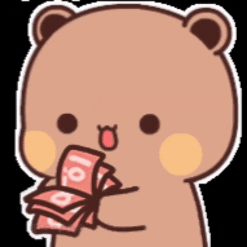 a cartoon teddy bear is holding a stack of money in its mouth .