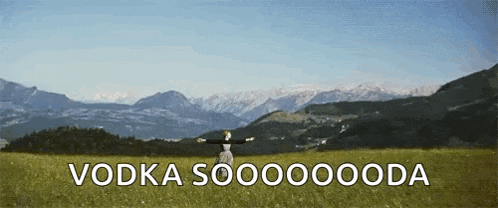 a person is standing in a field with mountains in the background and the words vodka soooooooda