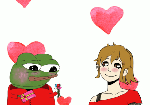 a cartoon of a frog giving flowers to a girl with hearts behind them