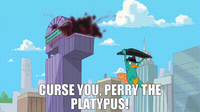 a cartoon of perry the platypus flying over a city