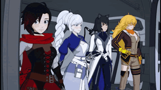 a group of anime characters are standing in a room