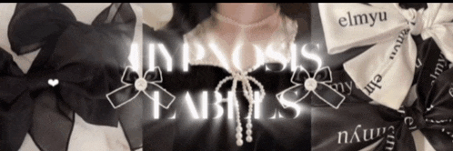 a woman wearing a pearl necklace is surrounded by black and white bows and ribbons with elmyu in white letters