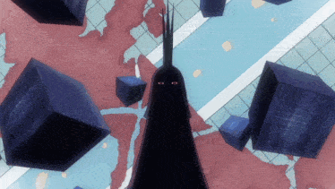 a black cube with red eyes is surrounded by blue cubes and a map