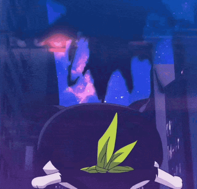 a cartoon cat with blue eyes and a green leaf