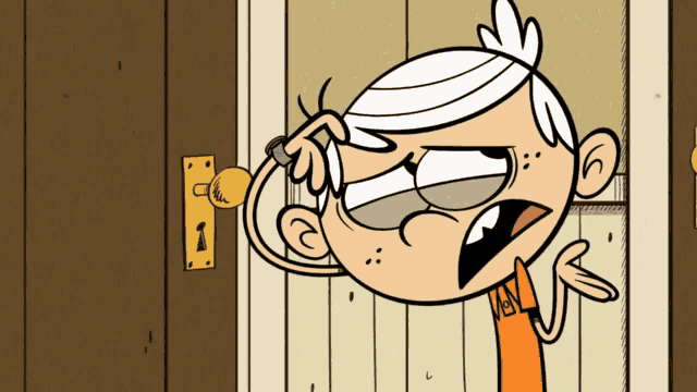 a cartoon character named lincoln loud is standing in front of a door
