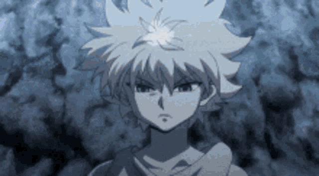 a close up of a cartoon character with white hair standing in front of a dark background .
