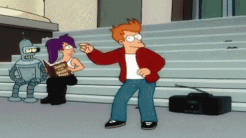 fry from futurama is dancing in front of bender and a robot