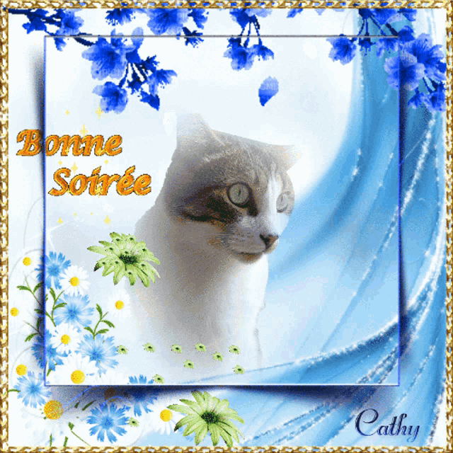 a picture of a cat with flowers and the words bonne soiree