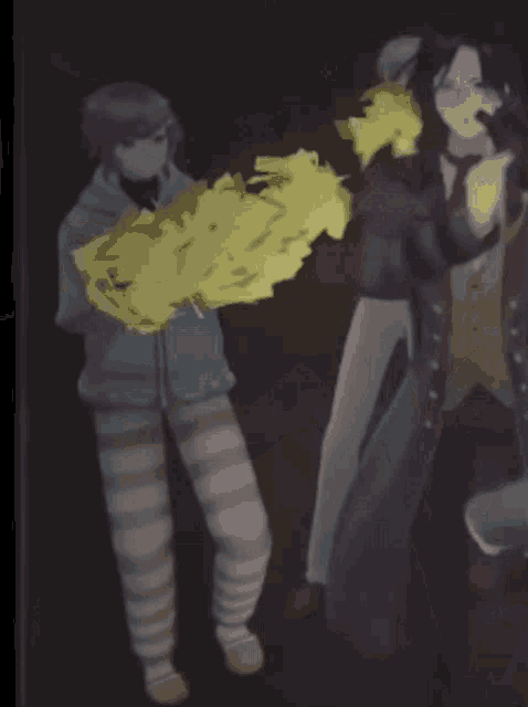 a couple of anime characters standing next to each other holding yellow flowers