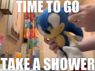 a sonic the hedgehog stuffed animal is being held by a person in a bathroom with the caption time to go take a shower