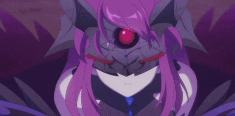 a girl with purple hair and blue eyes is wearing a purple costume .