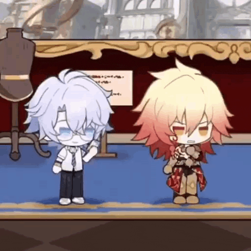 a couple of cartoon characters standing next to each other in a room .