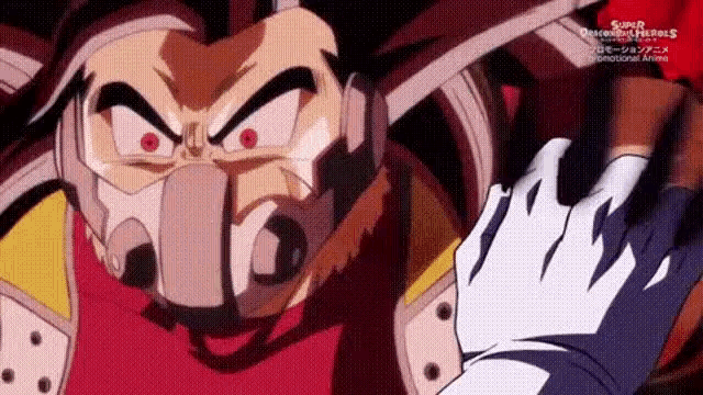 a cartoon character is wearing a helmet and gloves and fighting another character .