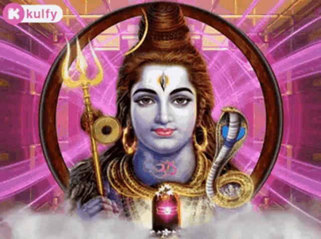 a painting of lord shiva holding a trident and a snake .