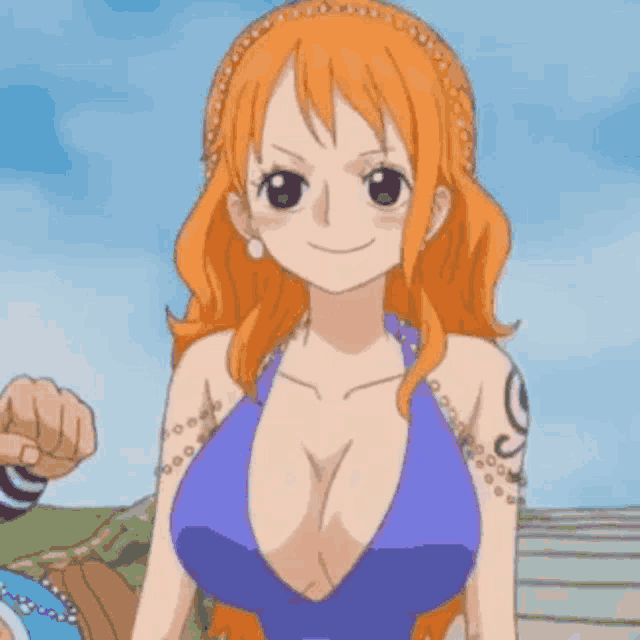 nami from one piece is wearing a blue top with a very plunging neckline .