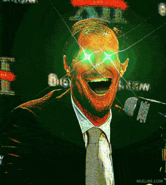 a man in a suit and tie is laughing with glowing eyes