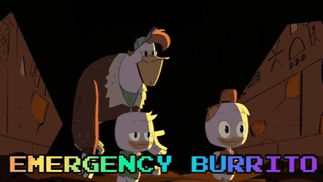 a cartoon of two ducks standing next to each other with the words emergency burrito on the bottom