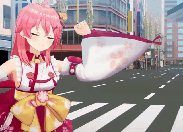 a girl with pink hair is standing on a street