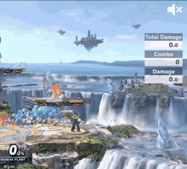 a screenshot of a video game with a waterfall in the background and a player named james in the foreground