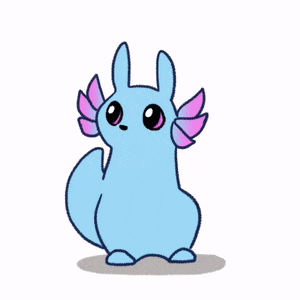 a drawing of a blue axolotl with pink wings