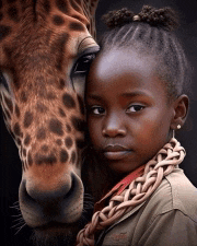 a little girl is standing next to a giraffe and looking at the camera