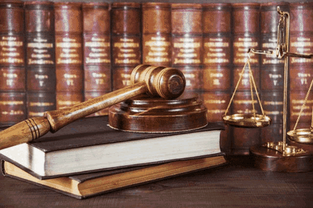 a wooden judge 's gavel sits on top of a stack of books in front of a row of books