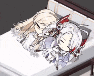 two anime characters are sleeping on a bed with a white blanket