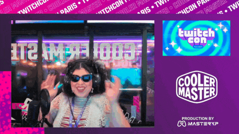 a woman wearing headphones and sunglasses is standing in front of a cooler master logo