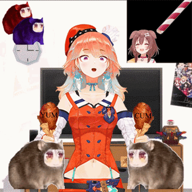 a cartoon girl holding a chicken leg with yum on it