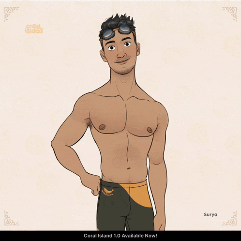 a cartoon of a shirtless man with coral island 1.0 available now on the bottom