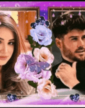 a man and a woman are standing next to each other in a picture frame with flowers .