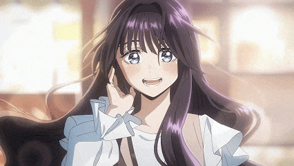 a girl with purple hair is wearing a white shirt and smiling