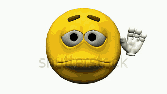 a yellow smiley face with a sad look on its face is waving