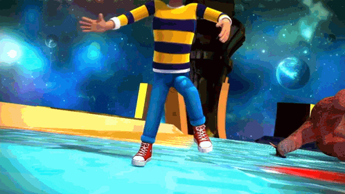 a cartoon character in a yellow and blue striped shirt and jeans
