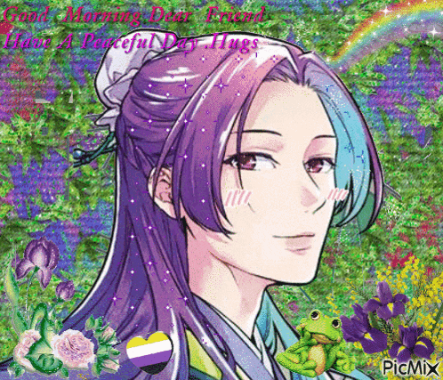 a picture of a girl with purple hair and a frog with the words good morning dear friend have a peaceful day hugs