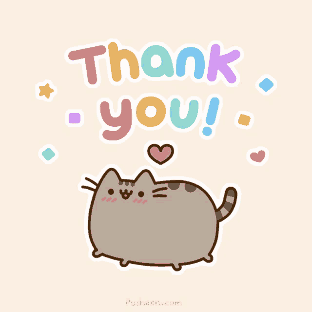 a cartoon cat says thank you and has a heart