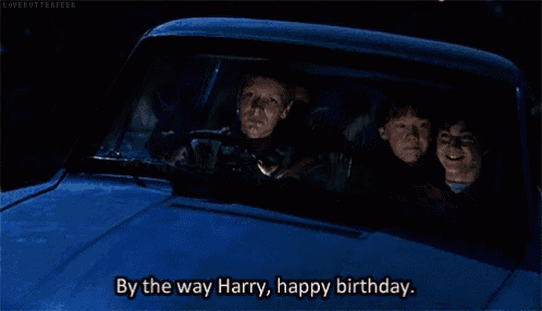 a group of people in a car with the words by the way harry happy birthday on the hood