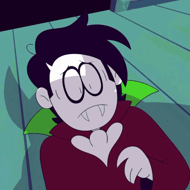 a cartoon drawing of a vampire with a heart shaped hand