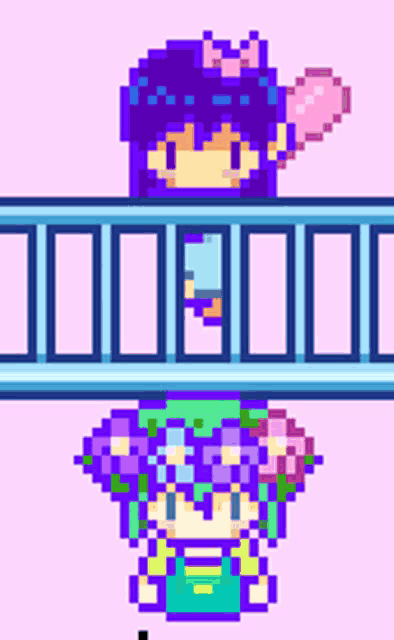 a pixel art of a girl with purple hair and flowers on her head