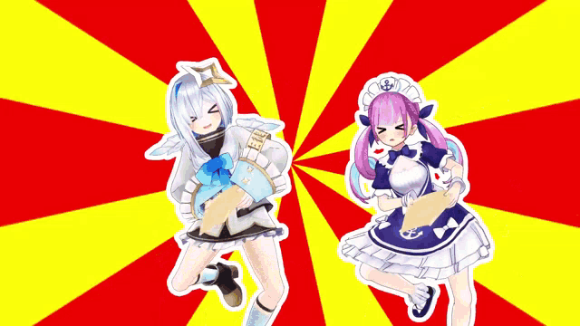 two anime girls are standing next to each other on a yellow and red striped background